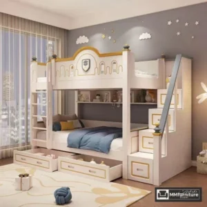 Single Bunk Bed with Storage Drawer in Wooden Posters (Includes Storage Staircase)