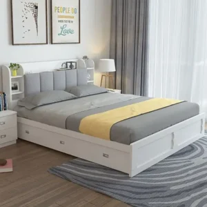 wooden bed (MDF) with headboard cushion and  drawer storage